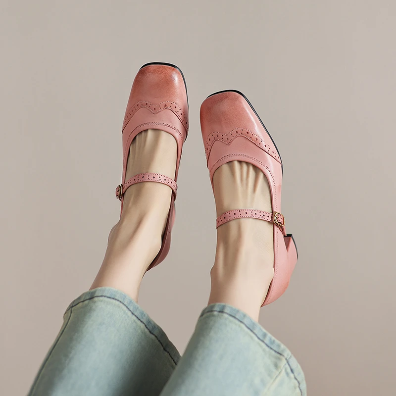 【NICESEE】5cm,2025春新款方头粗跟玛丽珍单鞋女通勤中跟牛皮单鞋