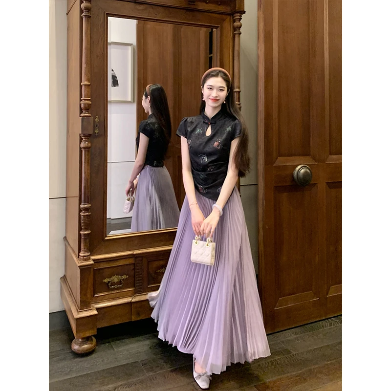 凌茜【黛陌】国风新中式黑提花薰衣草半裙套装立体修身气质显瘦高级