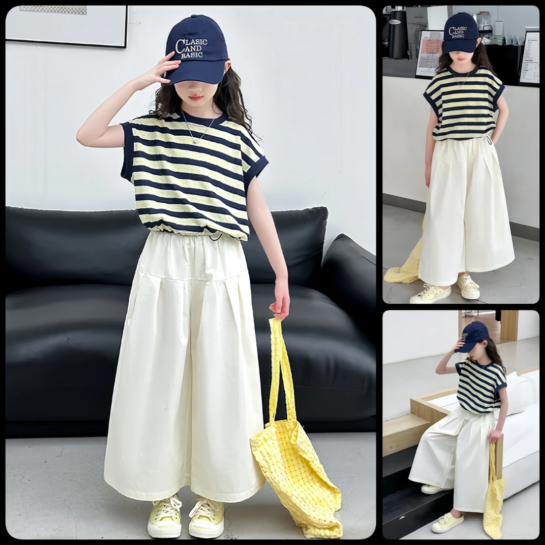 套装女童夏季薄款设计感条纹短袖阔腿裤显瘦穿搭2025中大童6-12岁