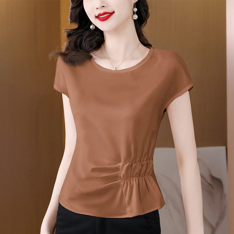气质收腰高级感丝滑缎面法式短袖上衣女大码胖mm中年妈妈t恤小衫