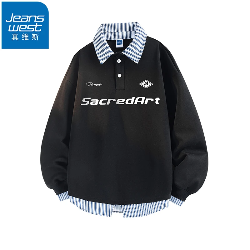 Jeanswest/真维斯长袖衬衫男士春秋季新款假两件宽松百搭翻领衬衣