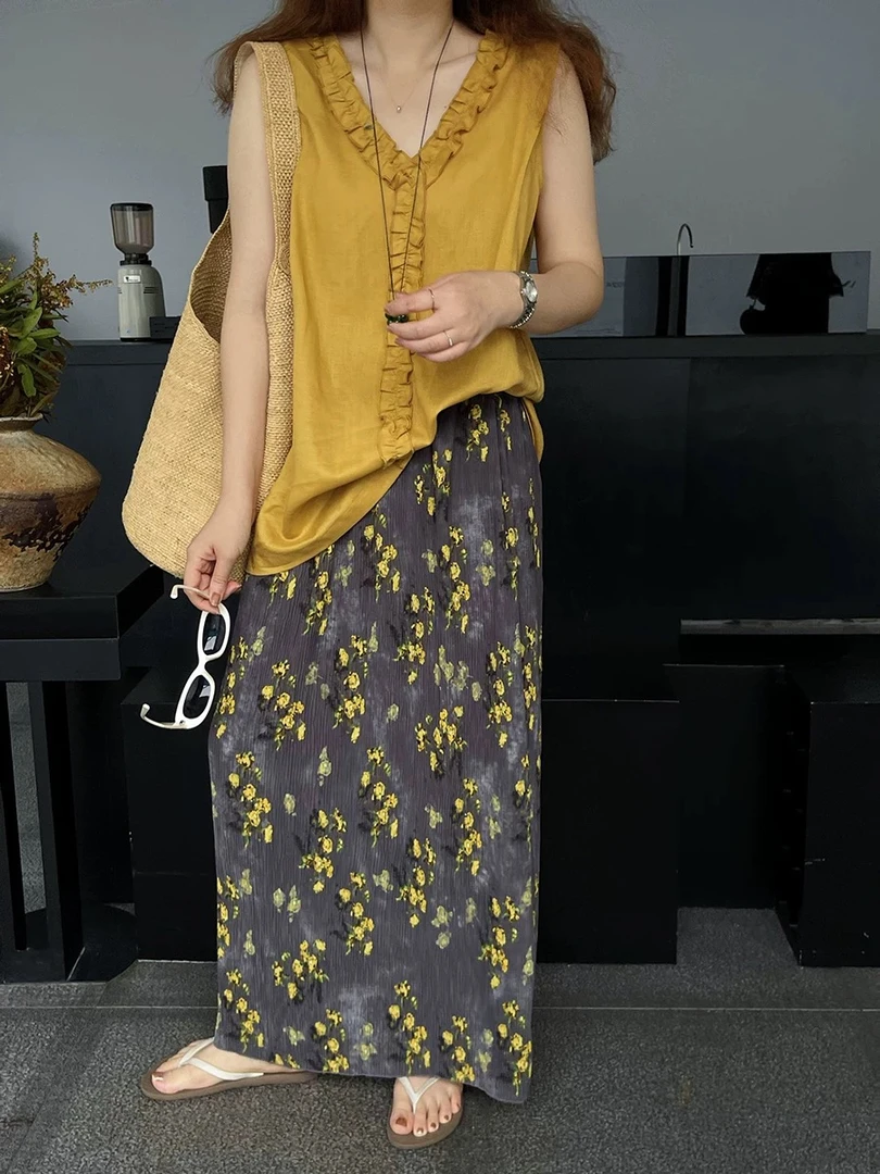 褶皱印花半身裙女2025年夏季新款褶皱长裙显瘦直筒半裙雪纺碎花裙