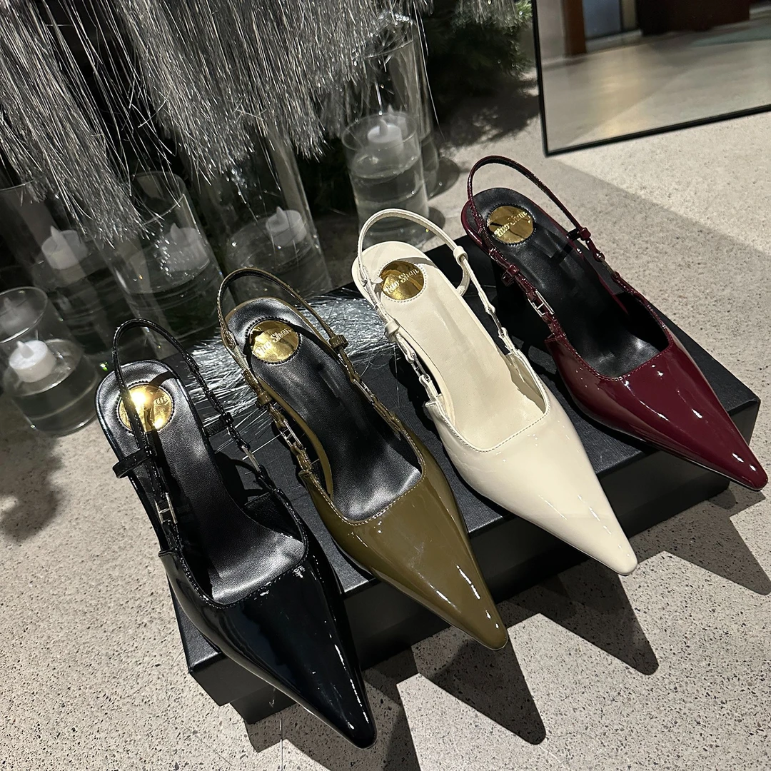 气质尖头高跟鞋2025新款亮皮浅口细跟后空单鞋女法式性感包头凉鞋