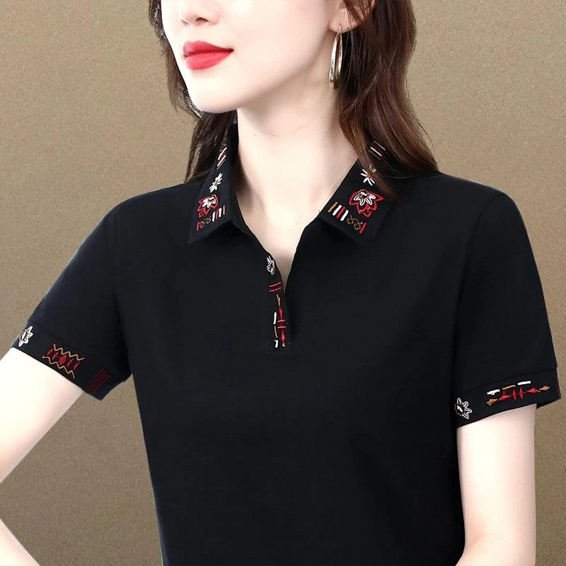 2025夏季爆款短袖时尚减龄气质休闲翻领polo衫大码绣花百搭女上衣