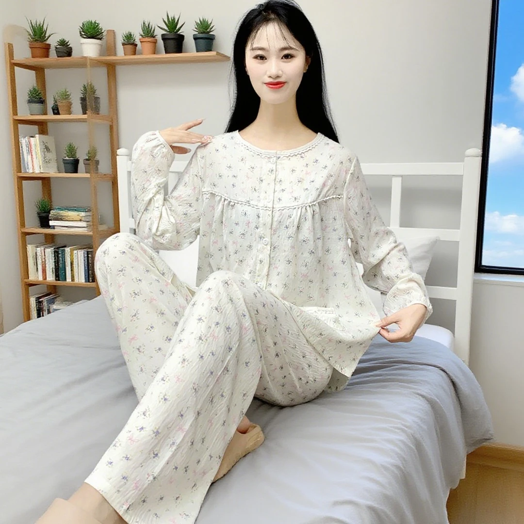 女士睡衣春秋新款甜美碎花公主风云朵棉舒适不带胸垫可外穿Y171