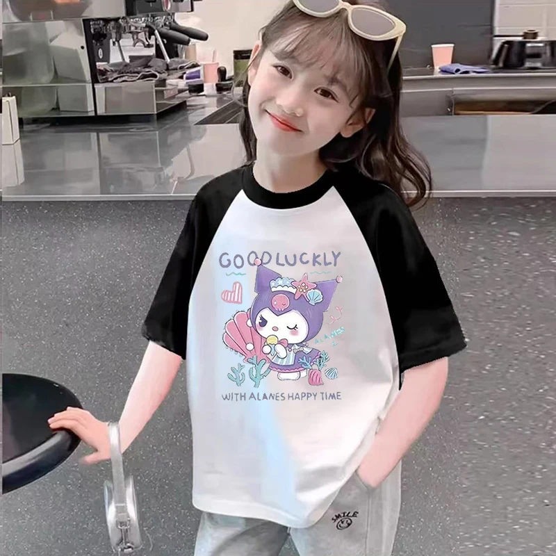 女童纯棉库洛米短袖T恤夏装女孩插肩童装夏季中大童拼接可爱半袖