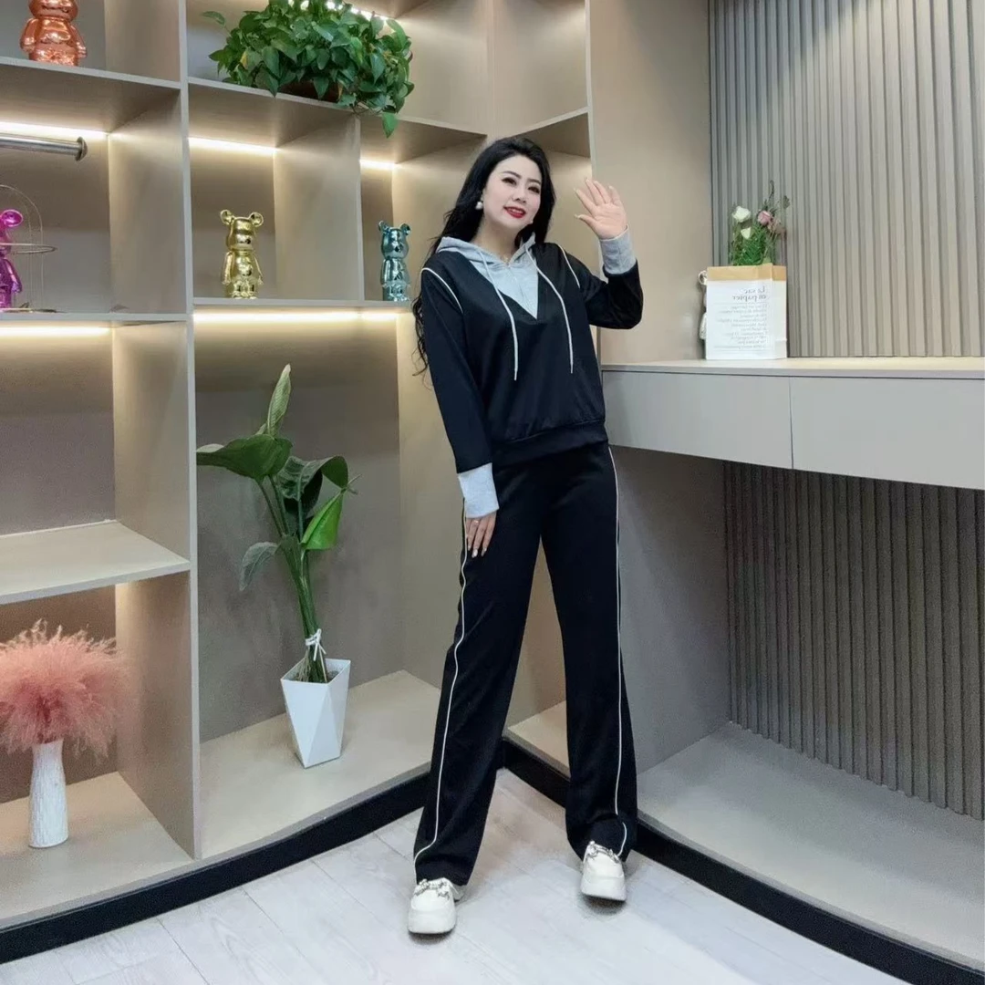 春季两件套-玲 8018时尚休闲连帽拼接显瘦百搭款胖MM大码女装新款