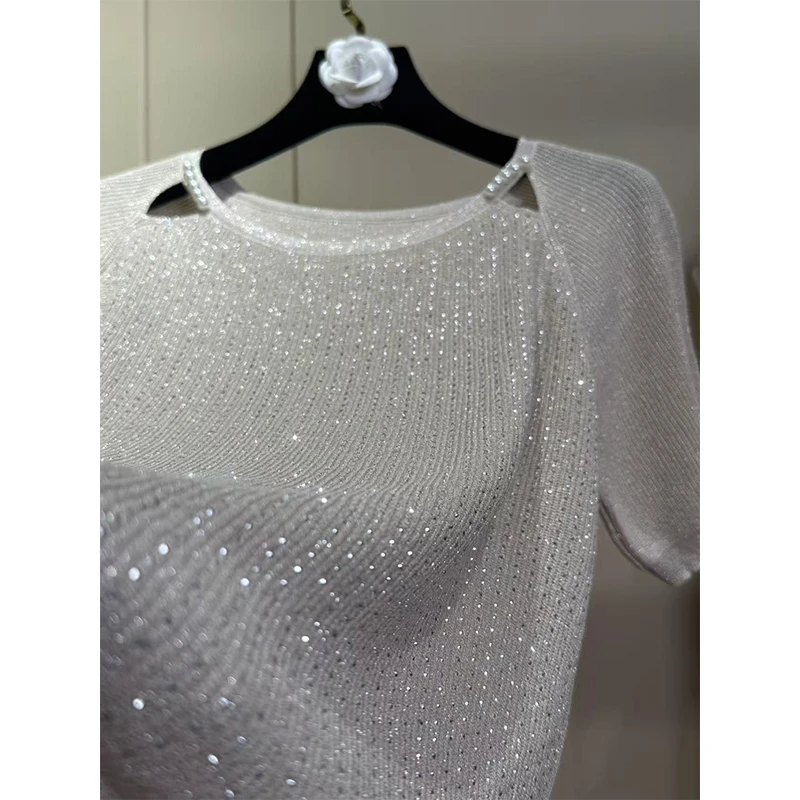 挽梦轻奢 2025夏款高定烫钻显瘦修身短袖女士针织上衣
