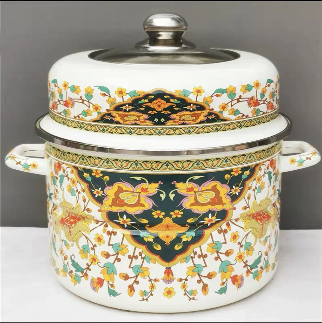 34cm搪瓷双层蒸锅玻璃可视家用盖搪瓷盖加厚底蒸锅（4～5人使用）