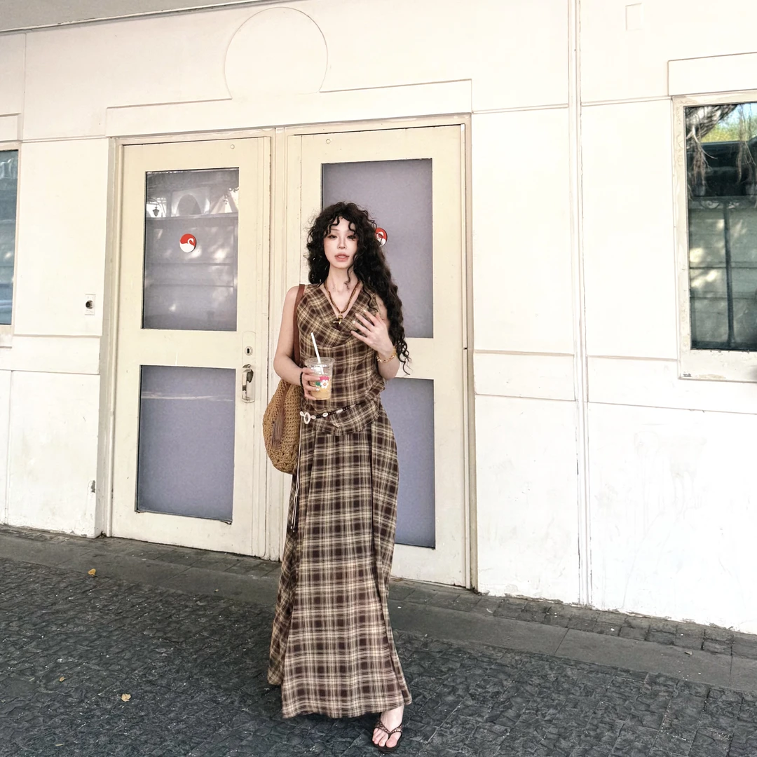 KUKUDEMI「格子缪斯」新品中古风气质格子荡领背心+半身裙两件套女