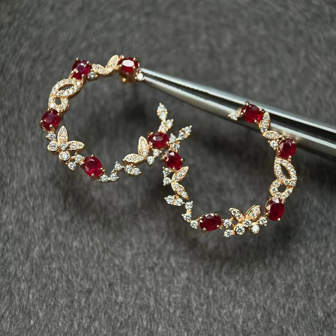 4216-S925银-天然红宝石耳钉-花环设计款-3mm*4mm*10颗