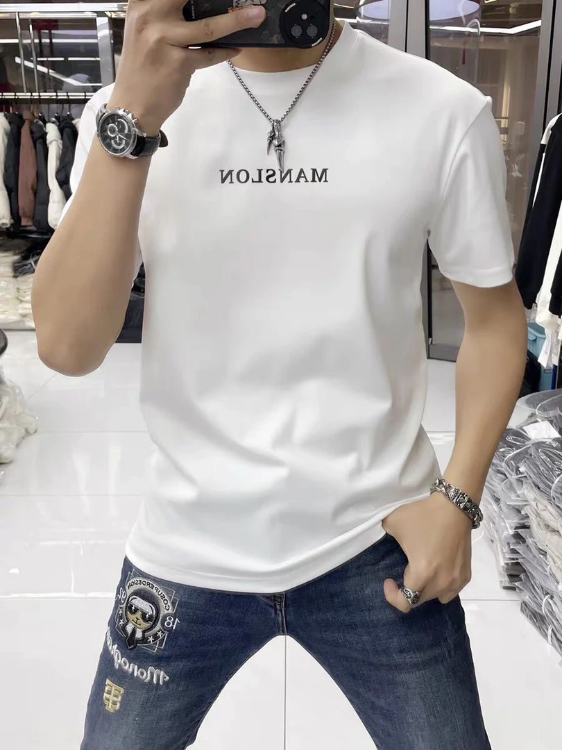 夏季新款短袖印花男士烫印修身打底衫修身晕染国风帅气青年T恤