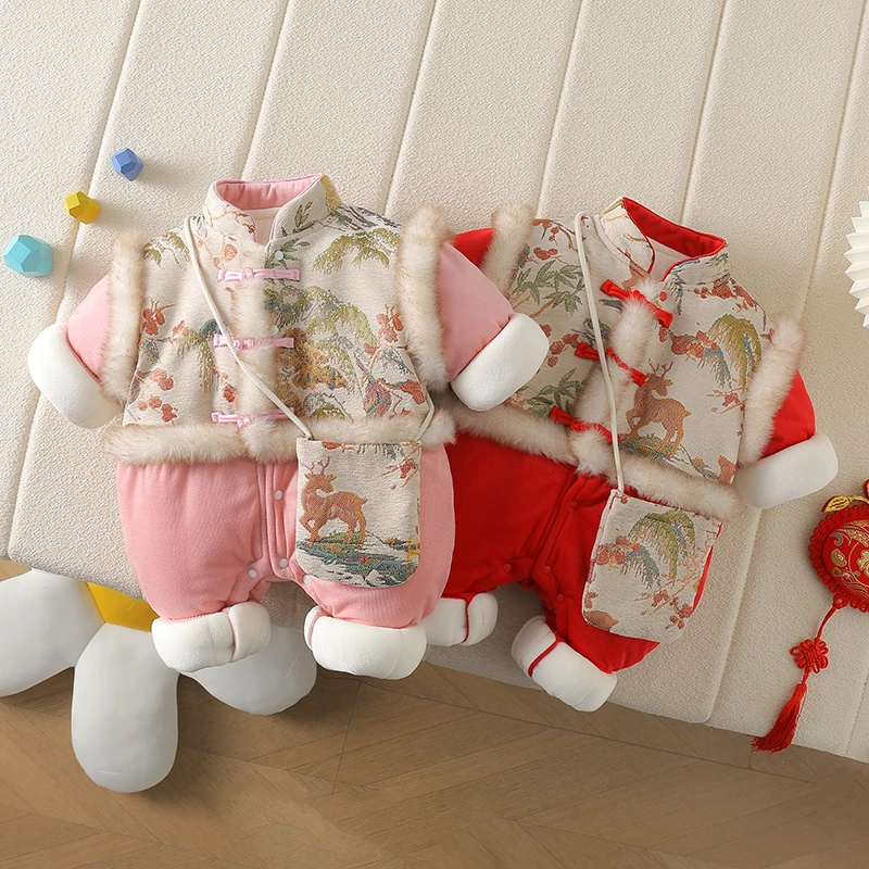 冬季女宝宝中国风满月加绒加厚外出连体拜年服锦缎拼毛条棉哈衣