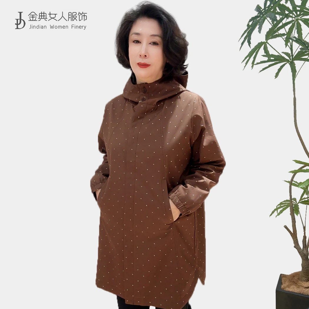 休闲连帽款波点风衣中长款    有里衬大码女士时尚外套女7298