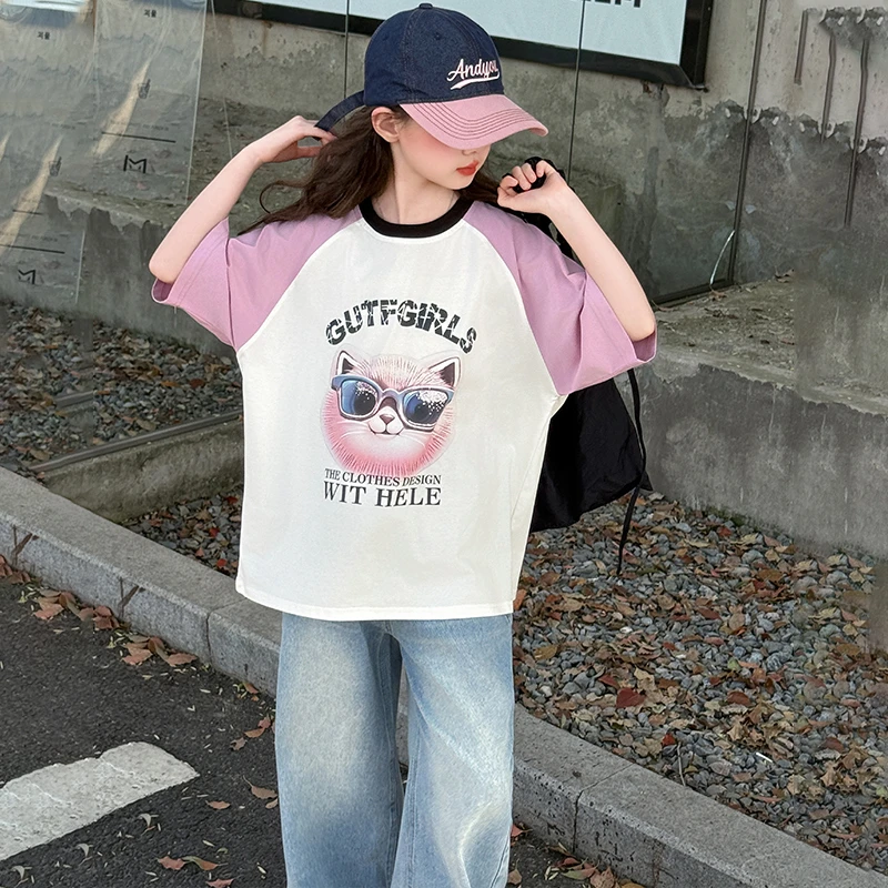 女童短袖套装夏季2025新款大童休闲裤子T恤洋气夏天儿童装牛仔裤t