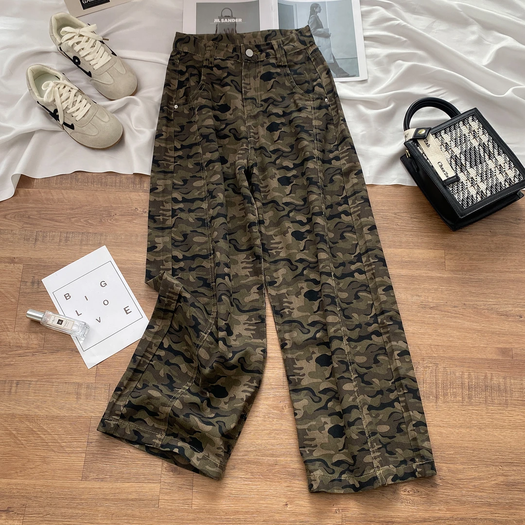 美式迷彩阔腿牛仔裤女早秋季2025年新款高腰显瘦宽松直筒拖地裤子