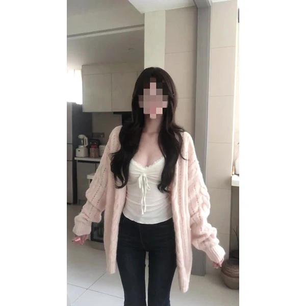 韩系温柔风粉色v领毛衣外套女2025秋季麻花针织开衫上衣+裤子套装