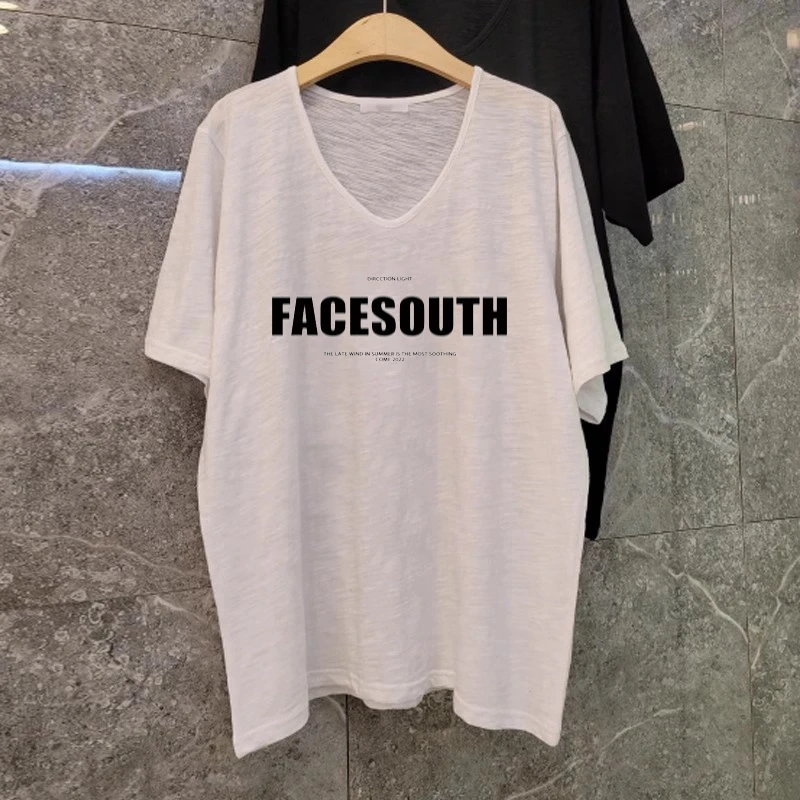 春夏2025新款港风v领白色短袖t恤女竹节棉时尚宽松大码显瘦上衣潮