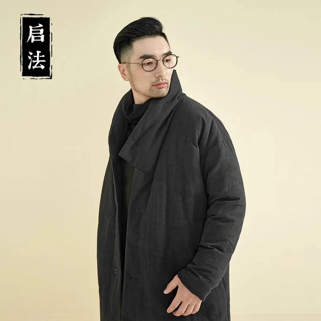 启·法男装棉麻中国风立领羽绒服长款保暖羽绒外套男加厚羽绒衣男