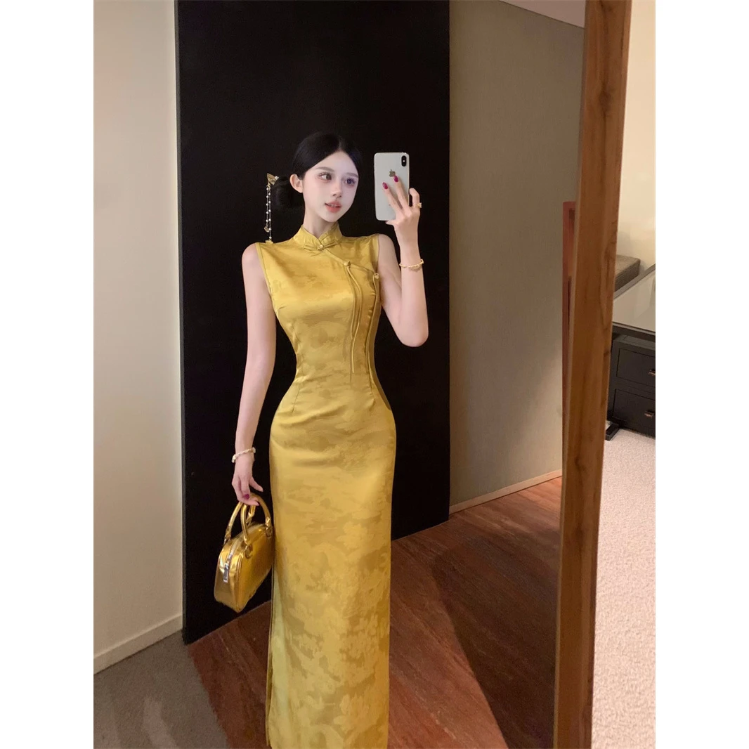 优雅新中式立领盘扣提花无袖连衣裙套装女宽松防晒雪纺披肩两件套