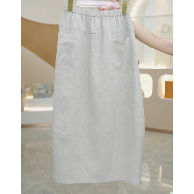 R H 【花苞裙】亚麻宽松百搭夏季新款经典高腰垂感显瘦半身裙85X223