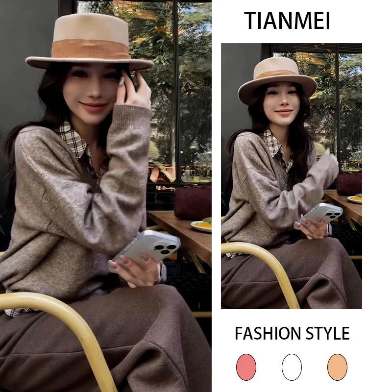 春秋季新款韩版轻熟风复古圆领针织上衣女搭配休闲直筒裤两件套