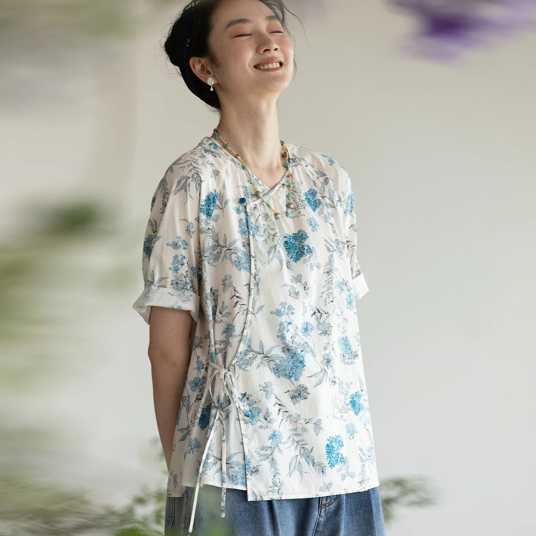 牧衣游原创 印花棉短外套夏新款轻薄斜襟系带新中式开衫 水清照