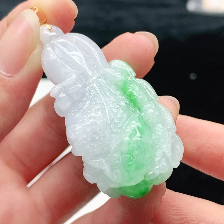 翡翠18K金镶嵌挂件天然翡翠七天鉴赏
