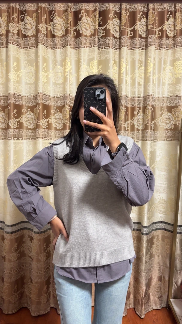 V领马甲衬衣两件套