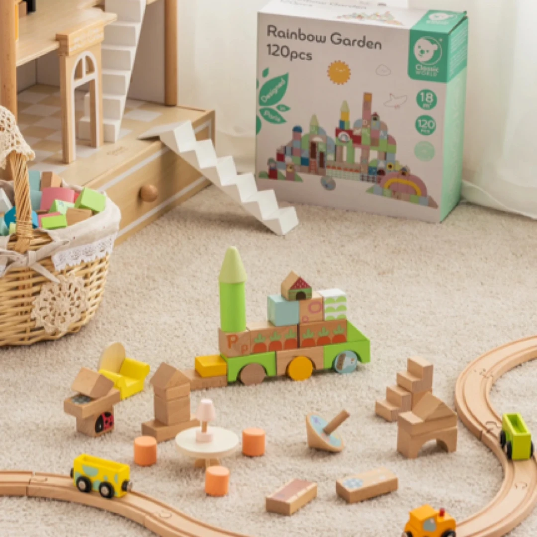 可来赛出口全榉木花园主题积木大颗粒可啃咬