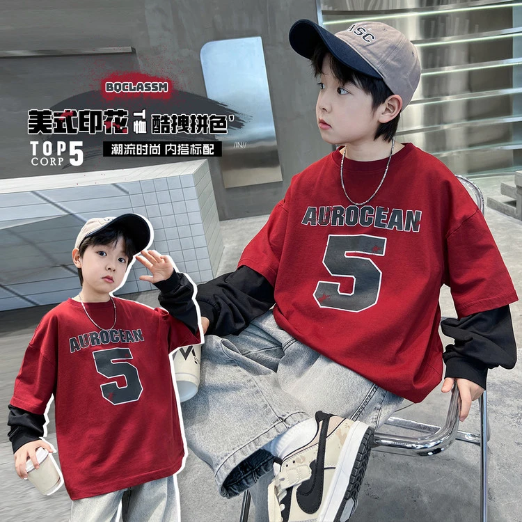 中大童男童长袖假两件T恤男孩子春季上衣卫衣打底春秋儿童
