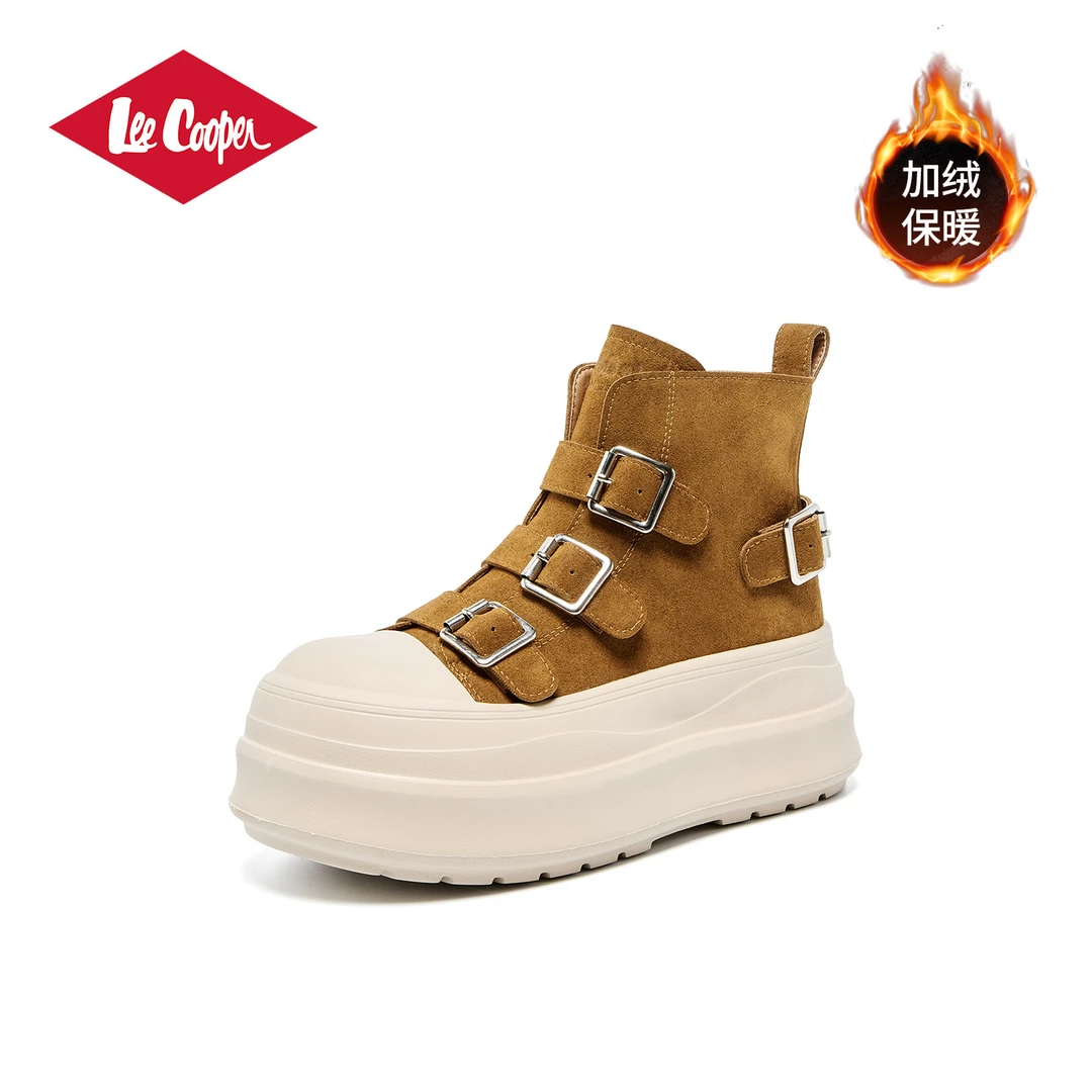 【琥珀流光】LEE COOPER小个子女鞋短靴女2025冬款高帮皮带扣休闲鞋