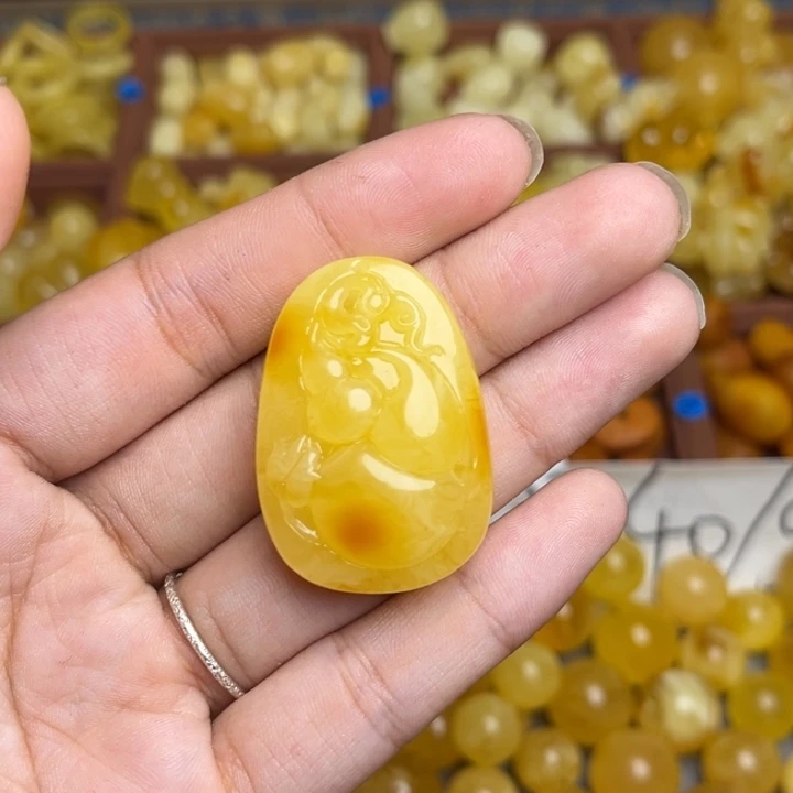 蜜蜡未镶嵌珠宝奇石鸡油黄满蜡妖花福禄双全吊坠