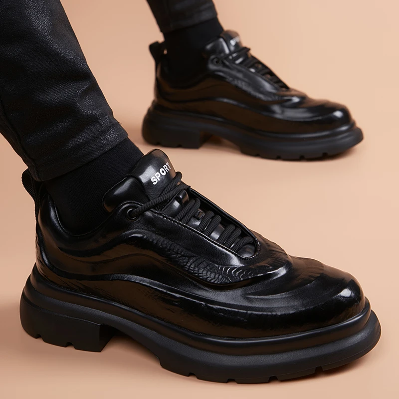 青年潮流运动男鞋2025新款真皮透气英伦厚底增高系带圆头休闲皮鞋