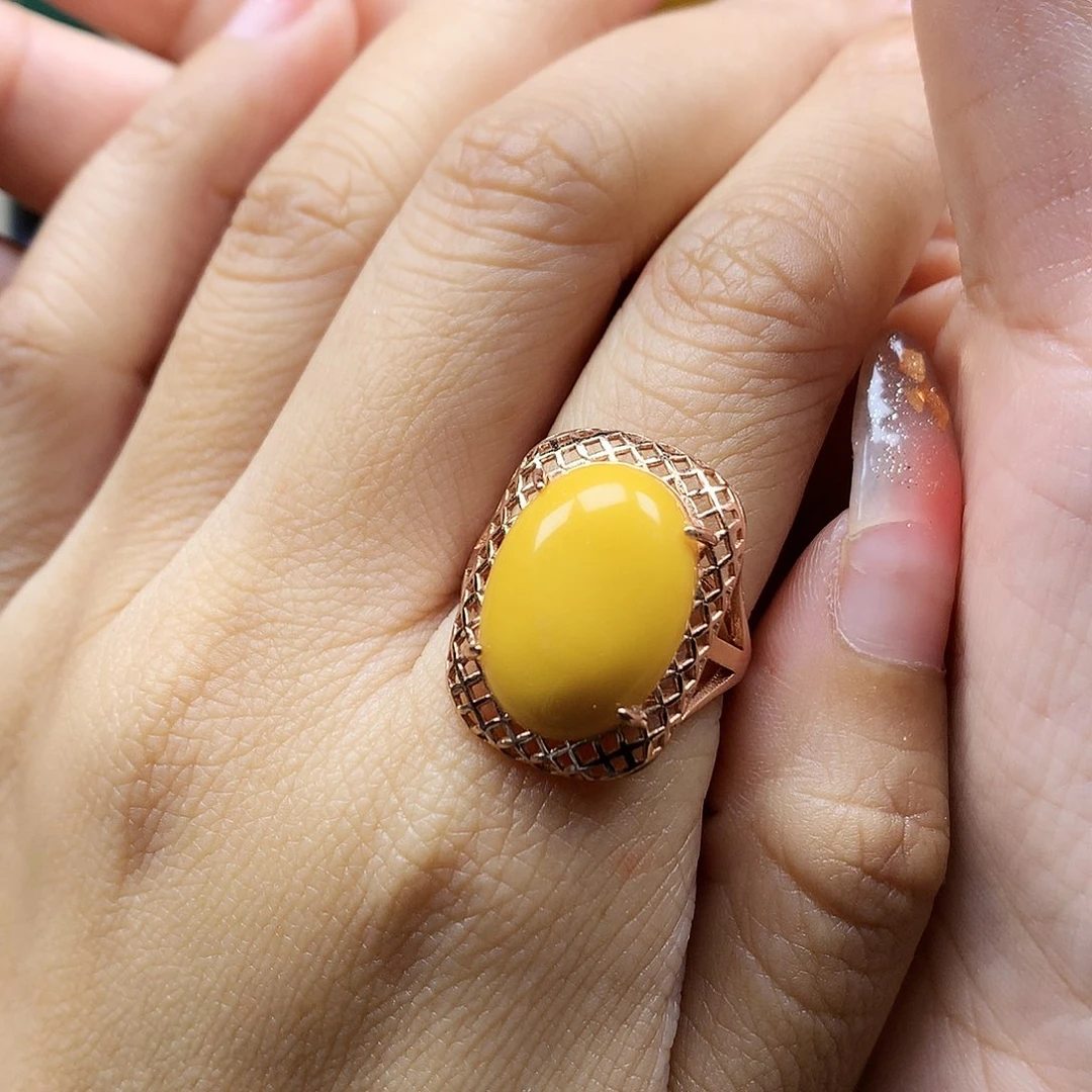 蜜蜡戒指银S925镶嵌戒指