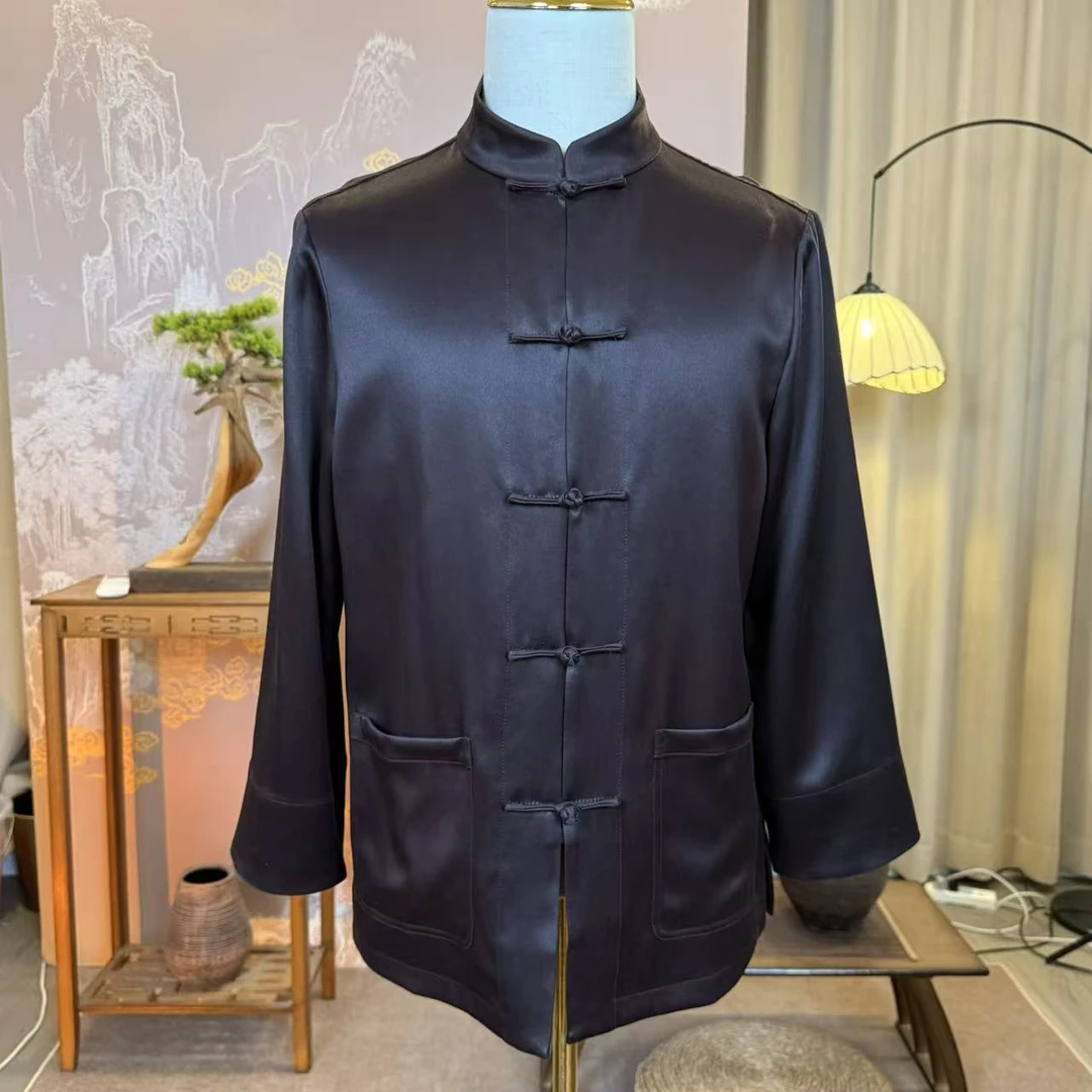 2025新款香云纱重锻紫檀色男式长袖新中式男装上衣立领复古中国风