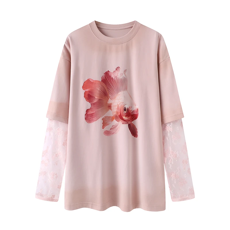 【Y2752】春季新品金鱼印花假两件长袖T恤别致休闲超好看宽松上衣女