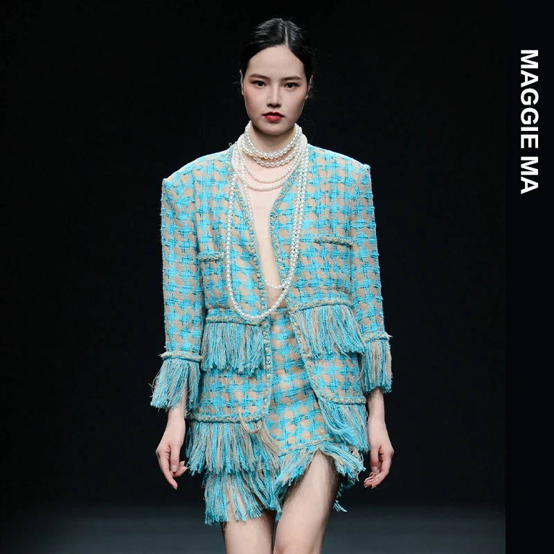 MAGGIE MA马婧设计师蓝色编织纹理灵动流苏小香风套装裙085C/086B