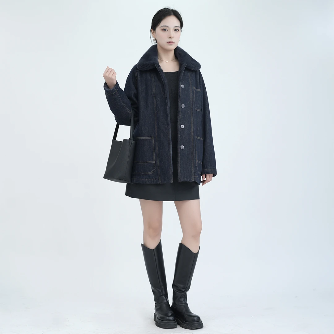 光芒 牛仔面料水貂双面穿巴恩风皮草外套轻奢整张水貂 26456