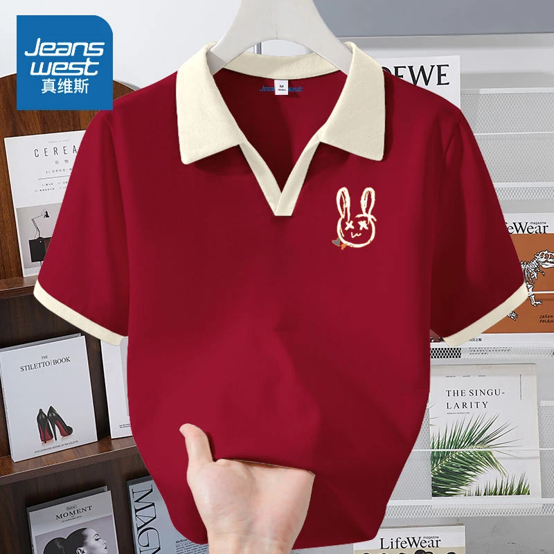 真维斯撞色t恤女2025新款爆款夏季美式复古纯棉上衣翻领正肩短袖