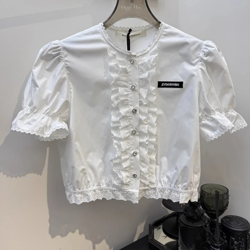 春季新款高腰法式复古蕾丝花边领短袖衬衫女设计感小众别致上衣