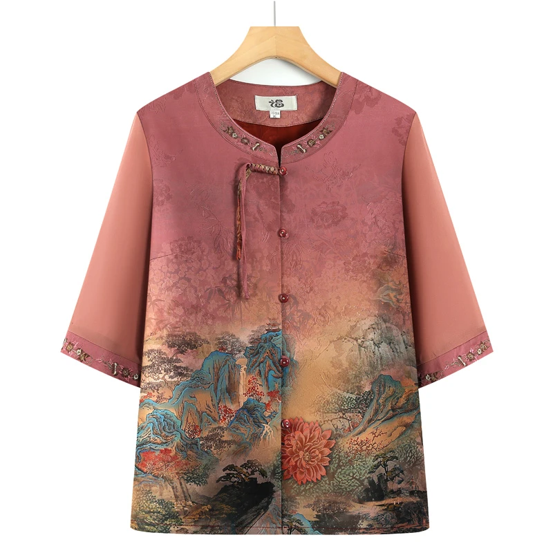 中老年女装夏装中袖开衫妈妈装夏季新款衬衫新中式国风宽松奶奶装