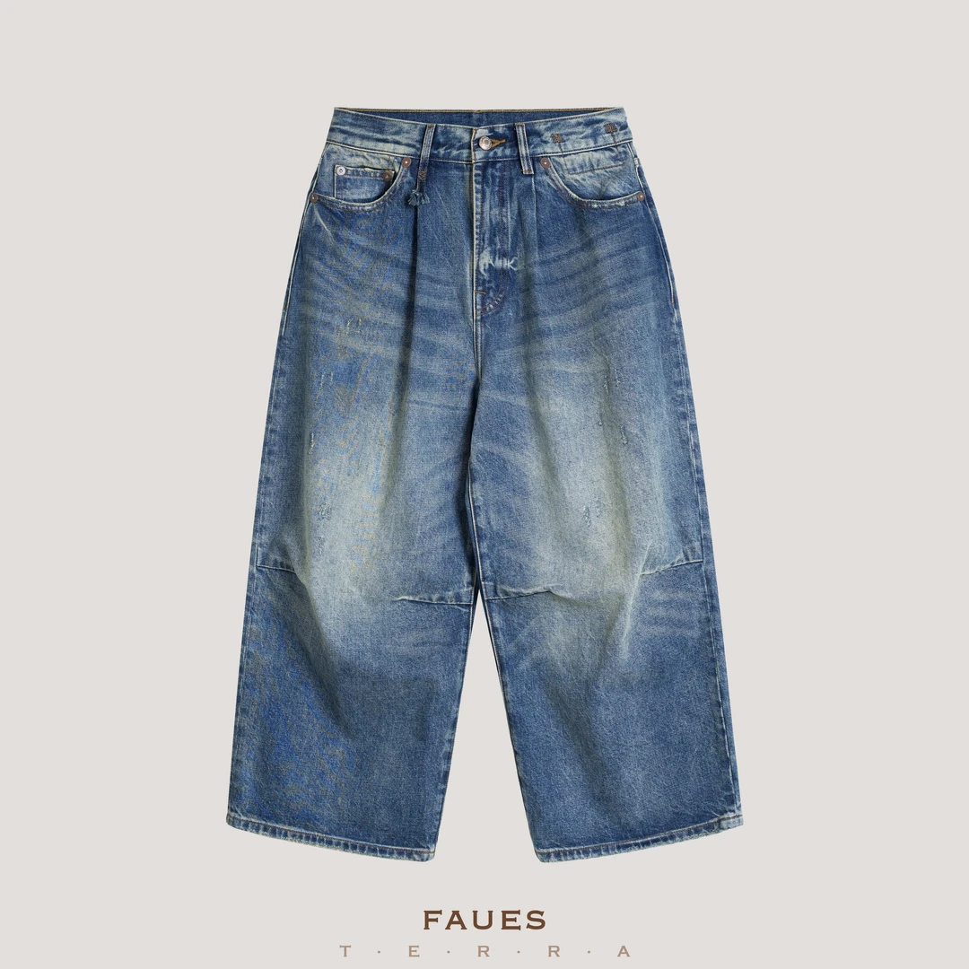 FAUES 质感之至 匹马棉定染高密高支石洗茧型立裁九分牛仔奶奶裤