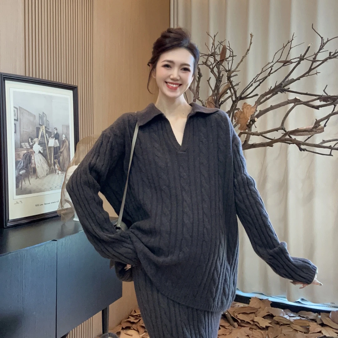 Zoey孕妇装［酥酥］秋冬麻花翻领miu系简约高级孕妈妈半裙孕妇套装