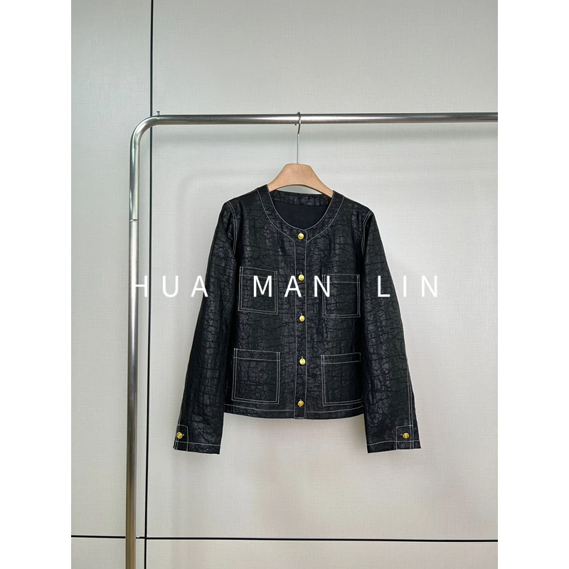 【花滿林】圆领明线车边金属扣龟裂纹桑蚕丝上衣255575