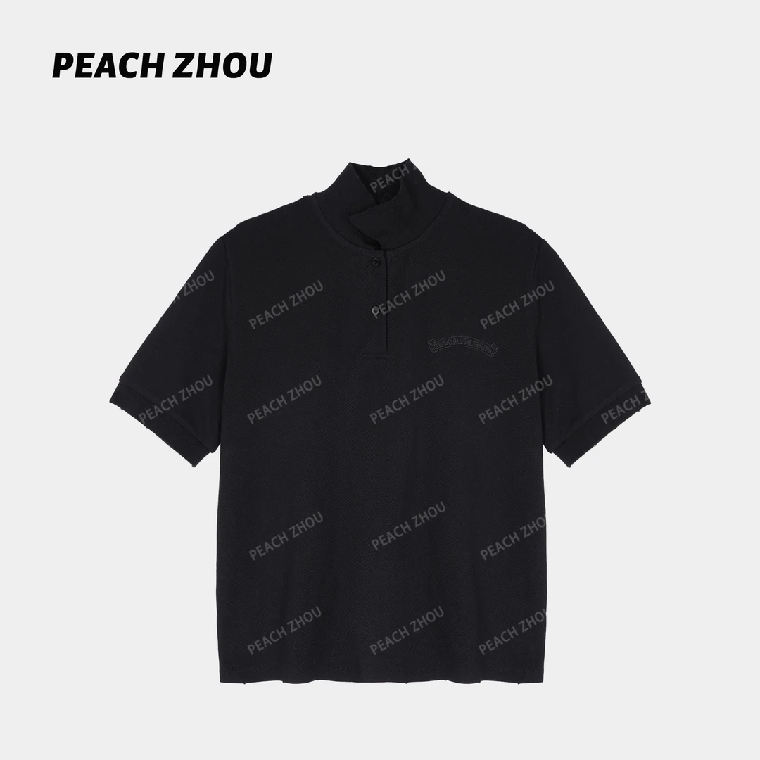 『PEACHZHOU』常青款卷轴梵文刺绣磨破宽松翻领短袖休闲中性POLO衫