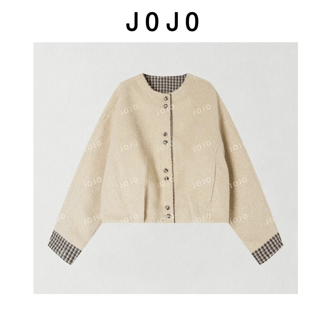 玖了个玖 2025秋季新款圆领格子撞色毛呢外套休闲上衣2509C5982