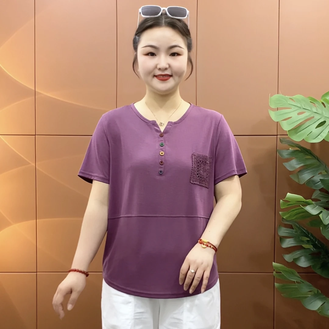 夏季薄款休闲气质宽松大码时尚洋气打底纯色加大圆领中老年妈妈装