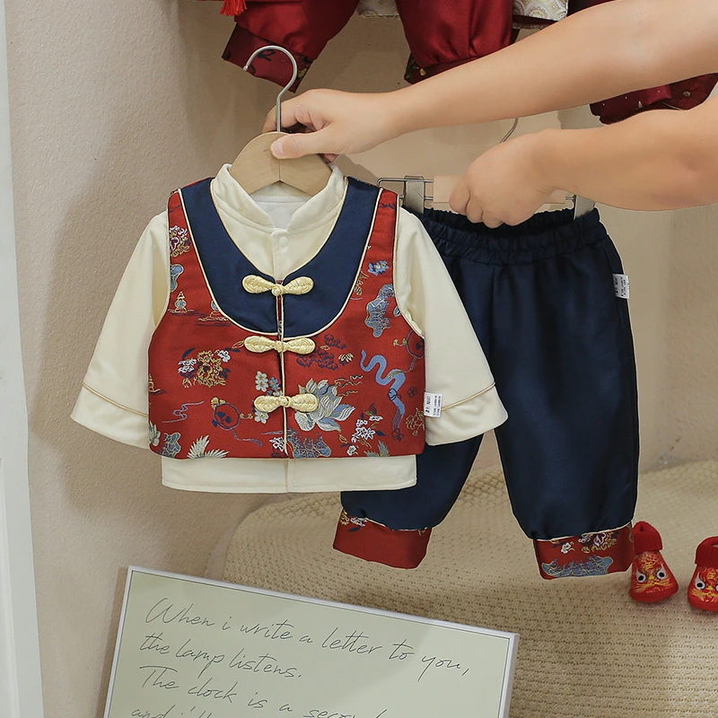 婴幼儿秋款新中式男宝国风薄款套装春秋装百天周岁唐装礼服三件套