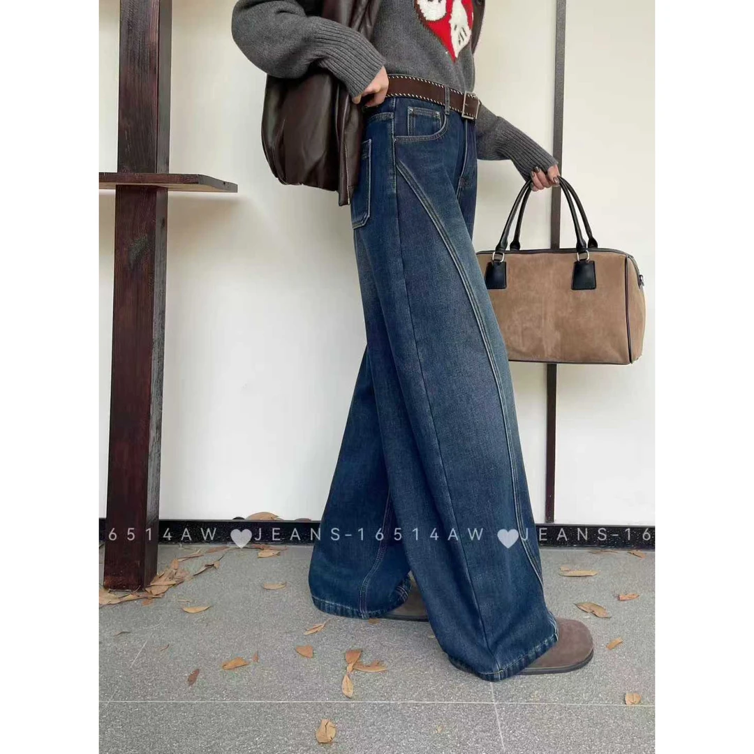 冬新款红提子复合厚绒保暖拖地弯刀裤高腰宽松女牛仔裤裤子显瘦